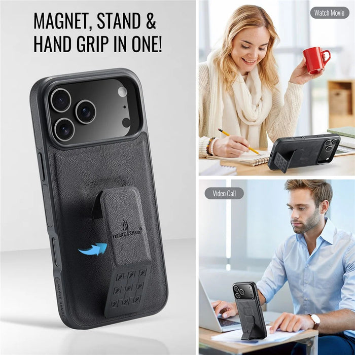 FIERRE SHANN For iPhone 17 Pro Case Kickstand Leather Slim Back Cover - Black - 6