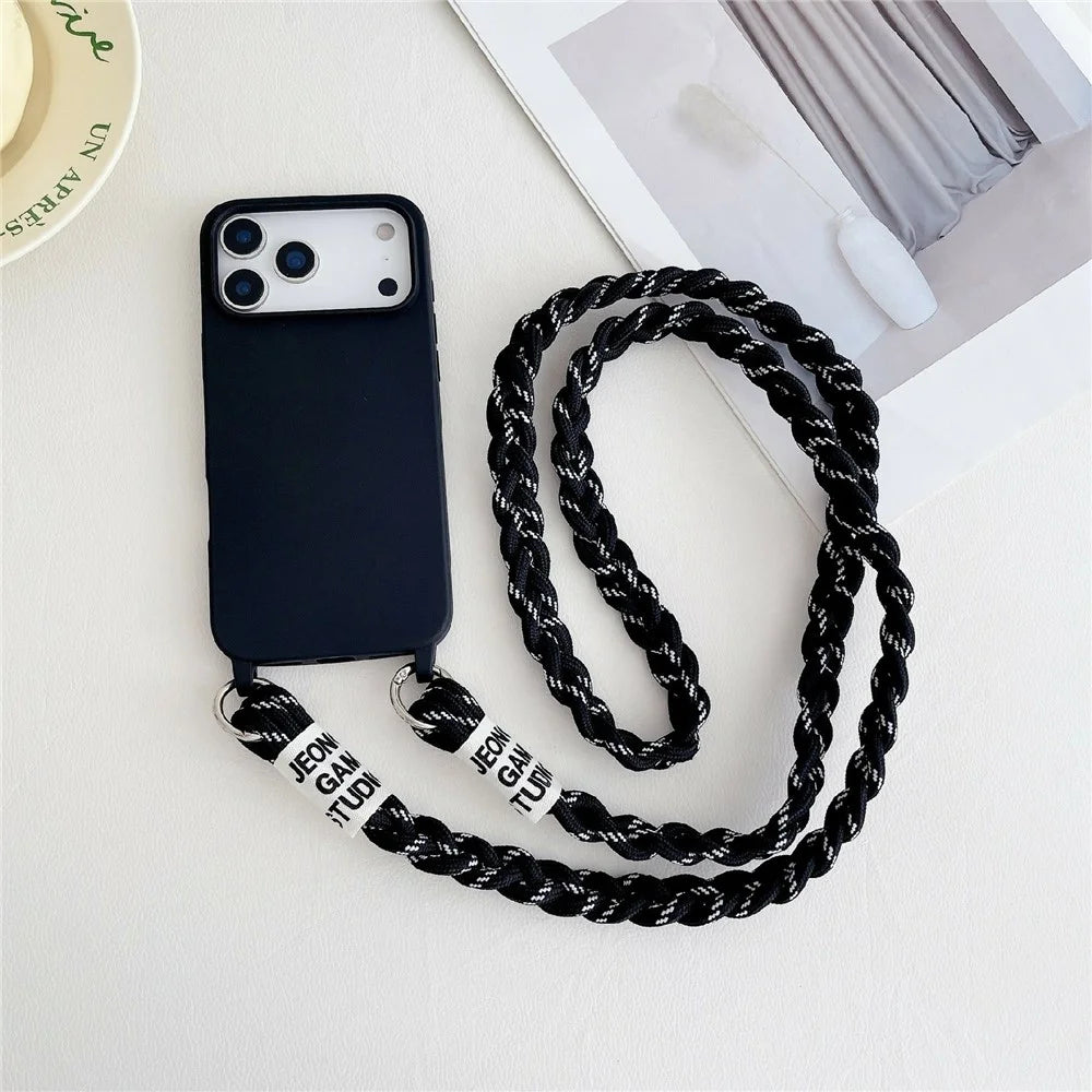 For iPhone 17 Pro Case TPU Phone Back Cover with Woven Crossbody Lanyard - Black - 1