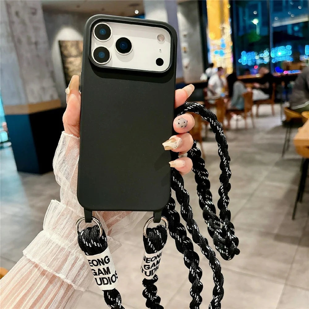 For iPhone 17 Pro Case TPU Phone Back Cover with Woven Crossbody Lanyard - Black - 2