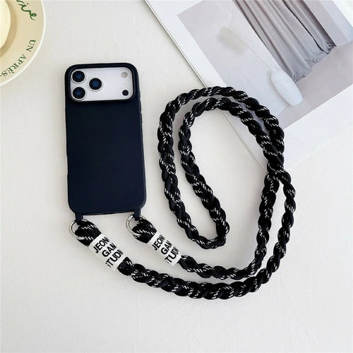 For iPhone 17 Pro Max Case TPU Phone Back Cover with Woven Crossbody Lanyard - Black - 1
