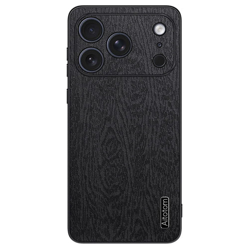 For iPhone 17 Pro Max Case Wood Texture PU Leather Coated PC TPU Phone Cover - Black - 1