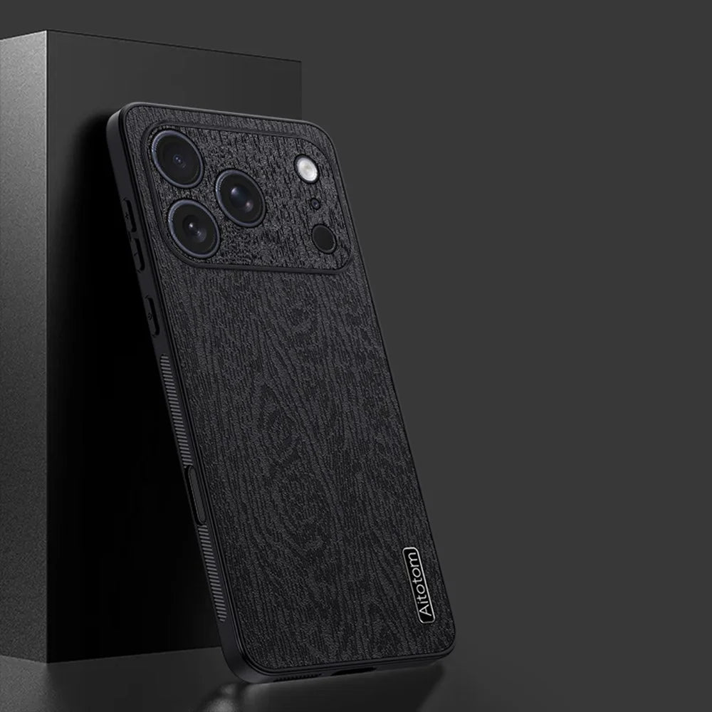 For iPhone 17 Pro Max Case Wood Texture PU Leather Coated PC TPU Phone Cover - Black - 2