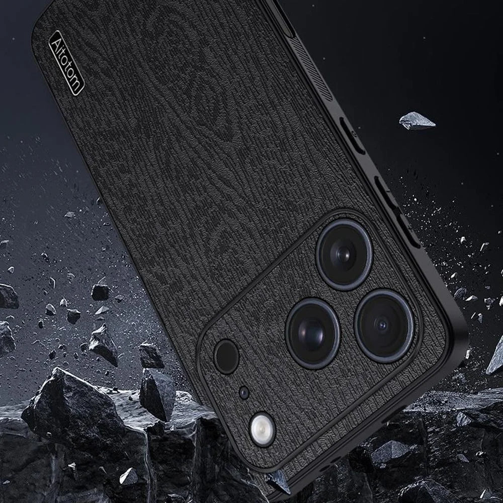 For iPhone 17 Pro Max Case Wood Texture PU Leather Coated PC TPU Phone Cover - Black - 4
