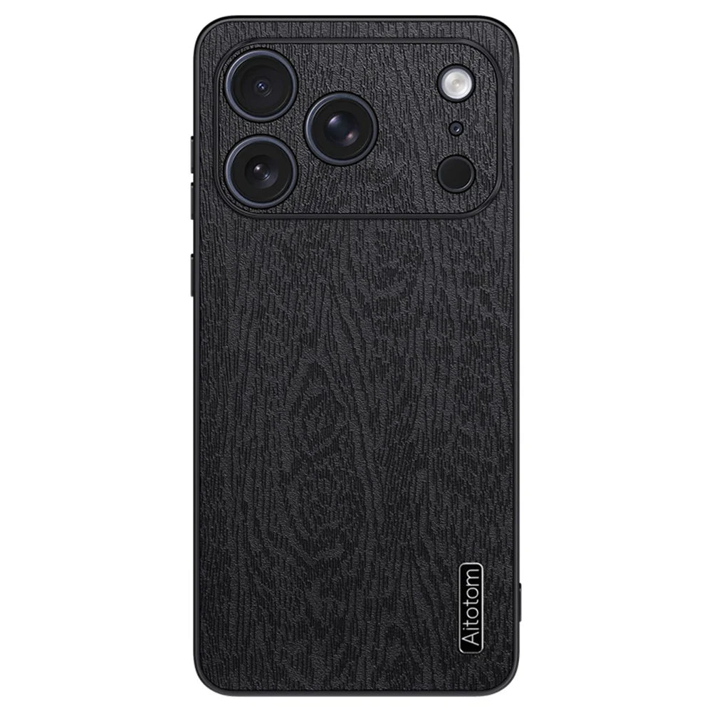 For iPhone 17 Pro Case Wood Texture PU Leather Coated PC TPU Phone Cover - Black - 1