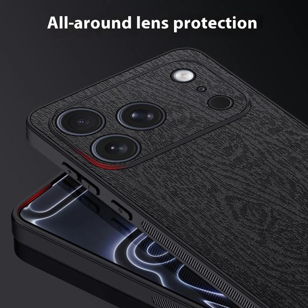 For iPhone 17 Pro Case Wood Texture PU Leather Coated PC TPU Phone Cover - Black - 7