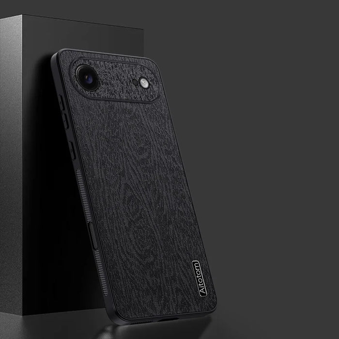 For iPhone Air Case Wood Texture PU Leather Coated PC TPU Phone Cover - Black - 2