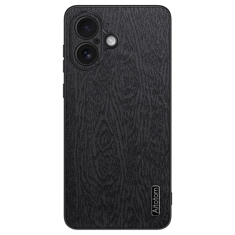 For iPhone 17 Case Wood Texture PU Leather Coated PC TPU Phone Cover - Black - 1