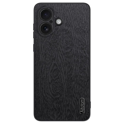 For iPhone 17 Case Wood Texture PU Leather Coated PC TPU Phone Cover - Black - 1