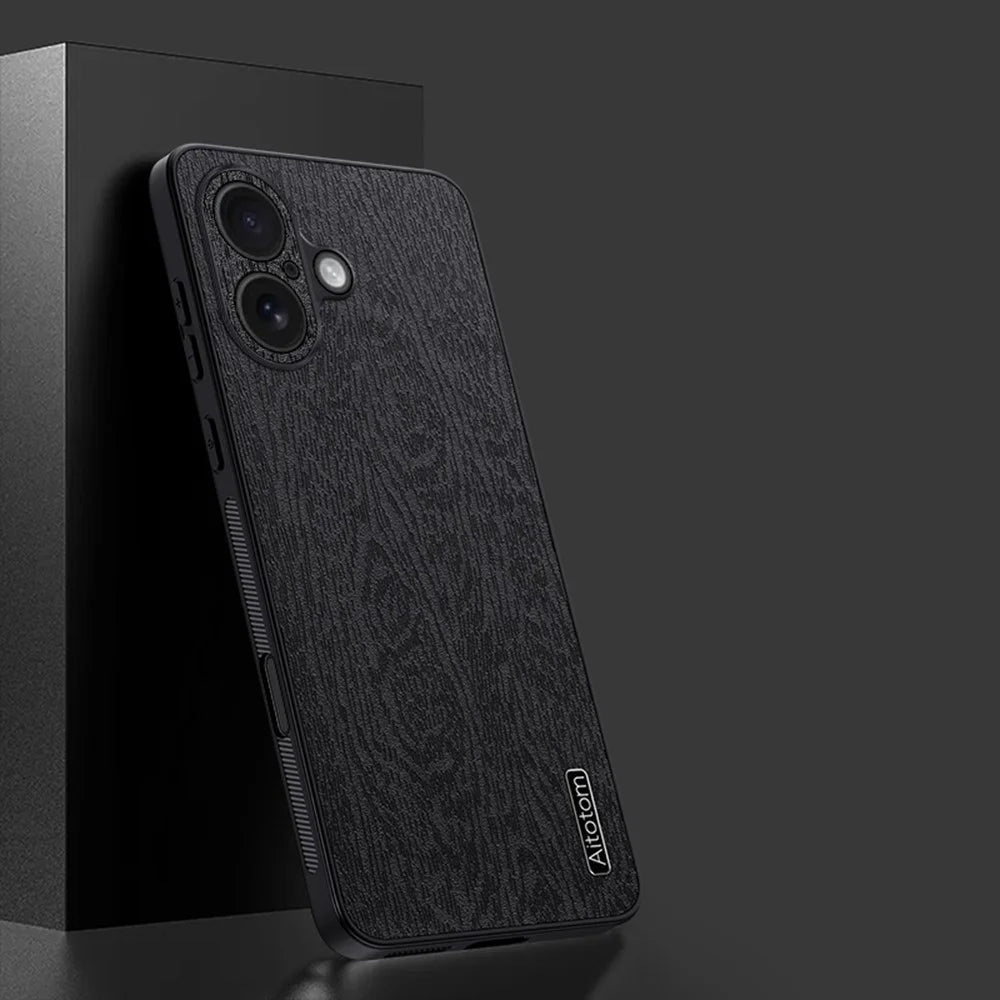 For iPhone 17 Case Wood Texture PU Leather Coated PC TPU Phone Cover - Black - 2