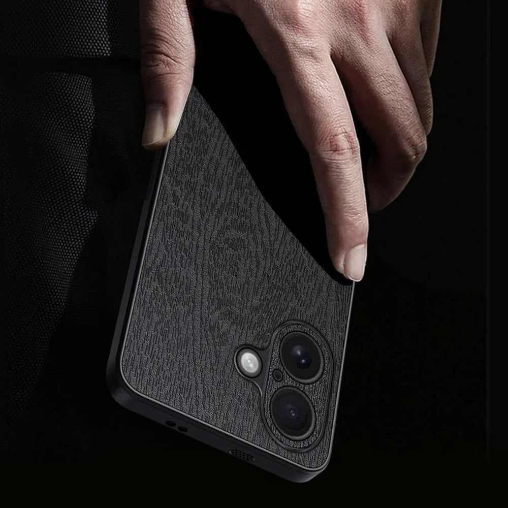 For iPhone 17 Case Wood Texture PU Leather Coated PC TPU Phone Cover - Black - 3