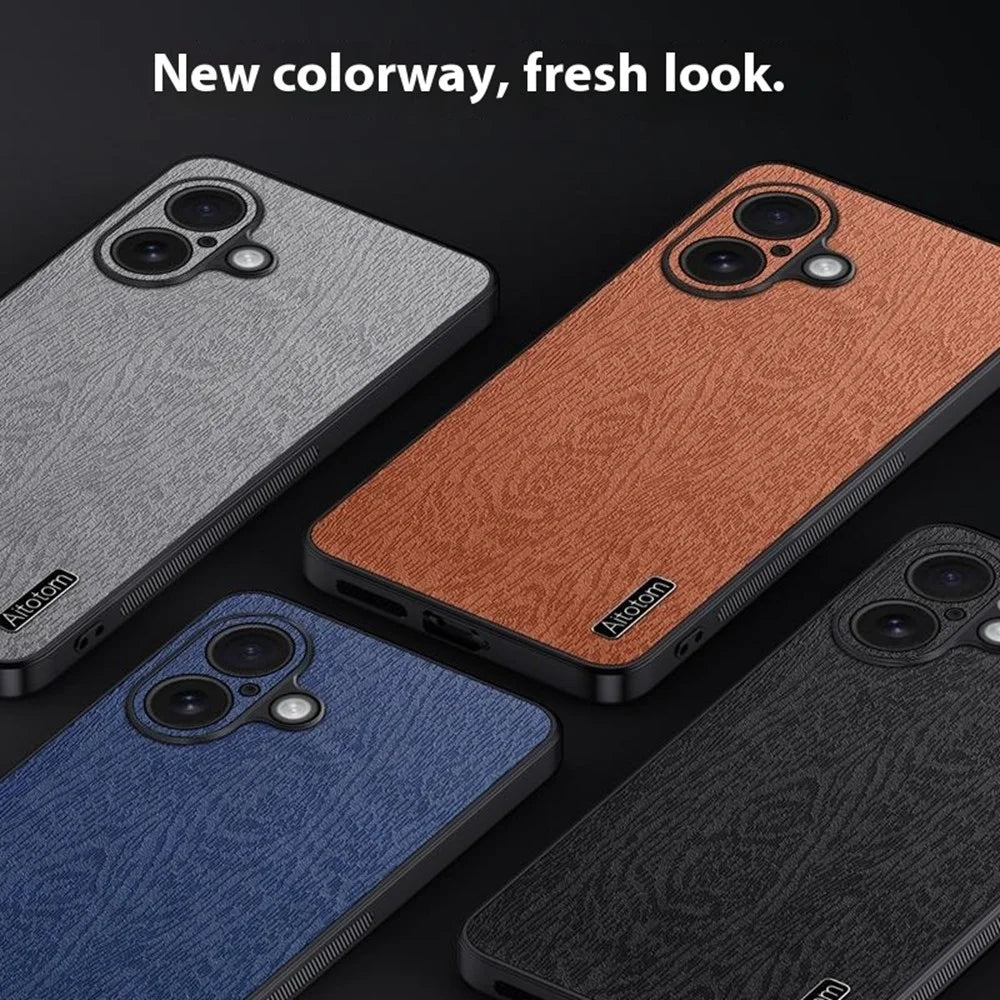 For iPhone 17 Case Wood Texture PU Leather Coated PC TPU Phone Cover - Black - 7