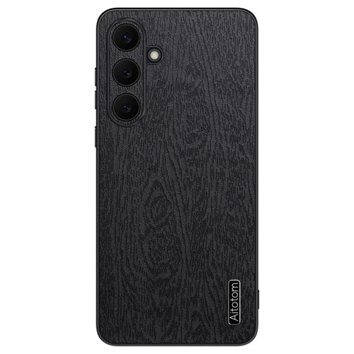 For Samsung Galaxy S25 FE Case Wood Texture PU Leather Coated PC TPU Phone Cover - Black - 1