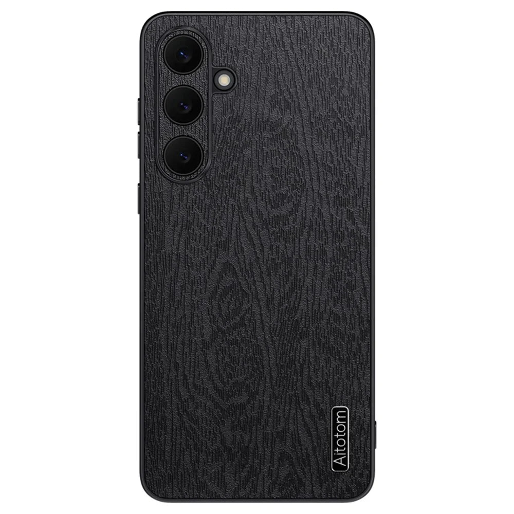 For Samsung Galaxy S25 FE Case Wood Texture PU Leather Coated PC TPU Phone Cover - Black - 1