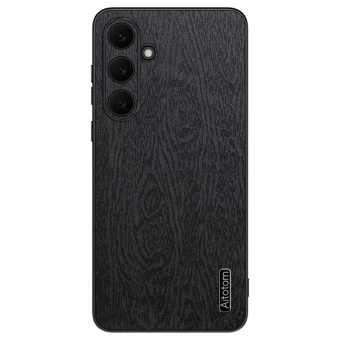 For Samsung Galaxy S25 FE Case Wood Texture PU Leather Coated PC TPU Phone Cover - Black - 1