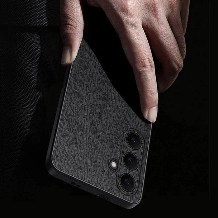 For Samsung Galaxy S25 FE Case Wood Texture PU Leather Coated PC TPU Phone Cover - Black - 3