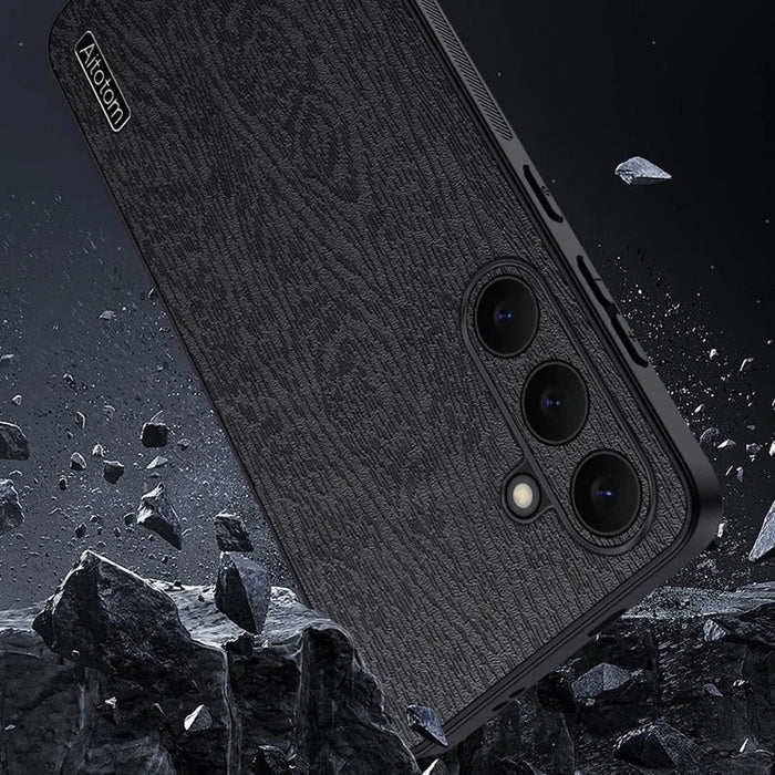 For Samsung Galaxy S25 FE Case Wood Texture PU Leather Coated PC TPU Phone Cover - Black - 4