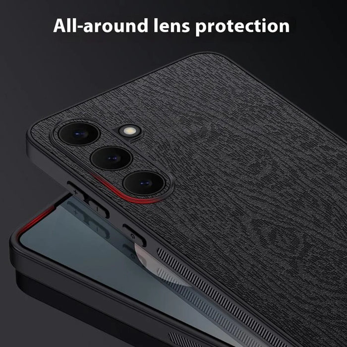 For Samsung Galaxy S25 FE Case Wood Texture PU Leather Coated PC TPU Phone Cover - Black - 5