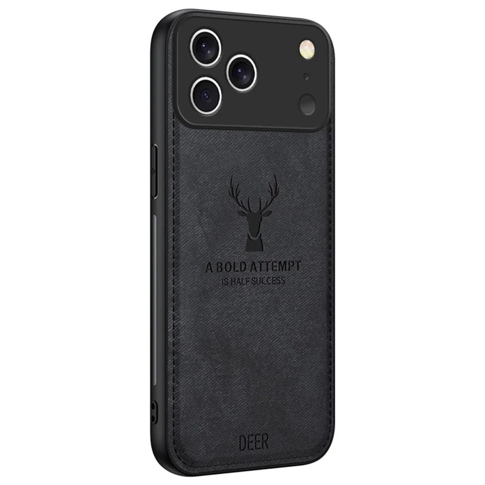 For iPhone 17 Pro Case Deer Pattern Cloth Texture PU + PC + TPU Phone Cover - Black - 1