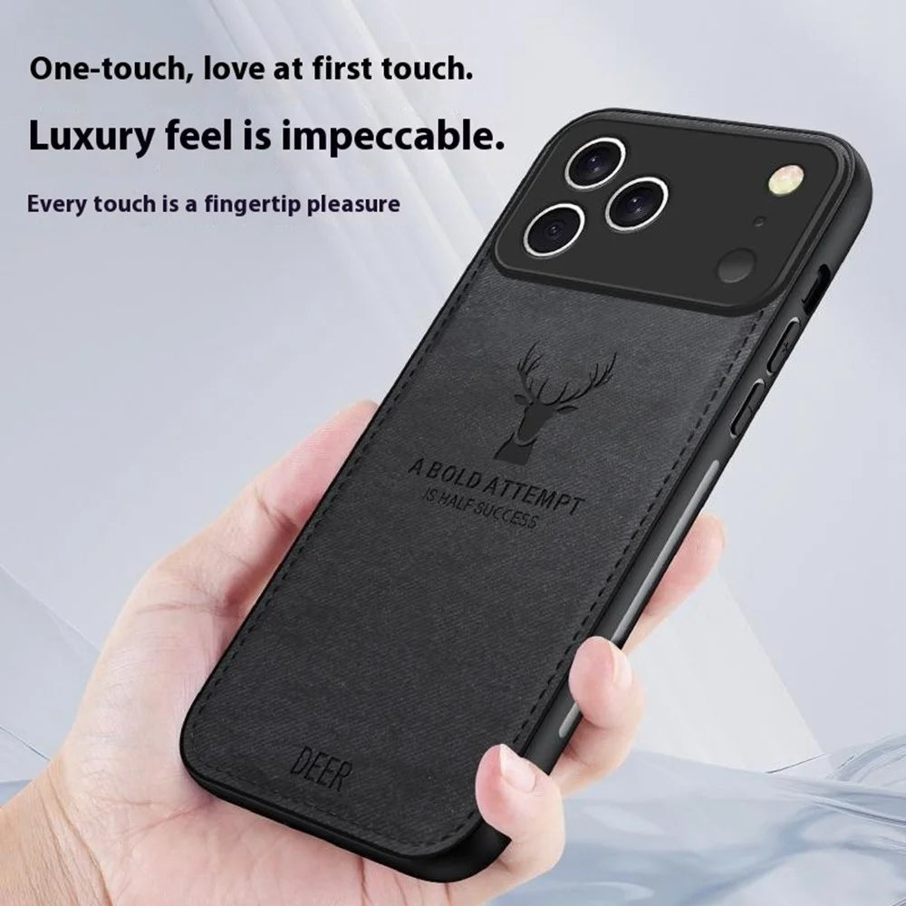 For iPhone 17 Pro Case Deer Pattern Cloth Texture PU + PC + TPU Phone Cover - Black - 5