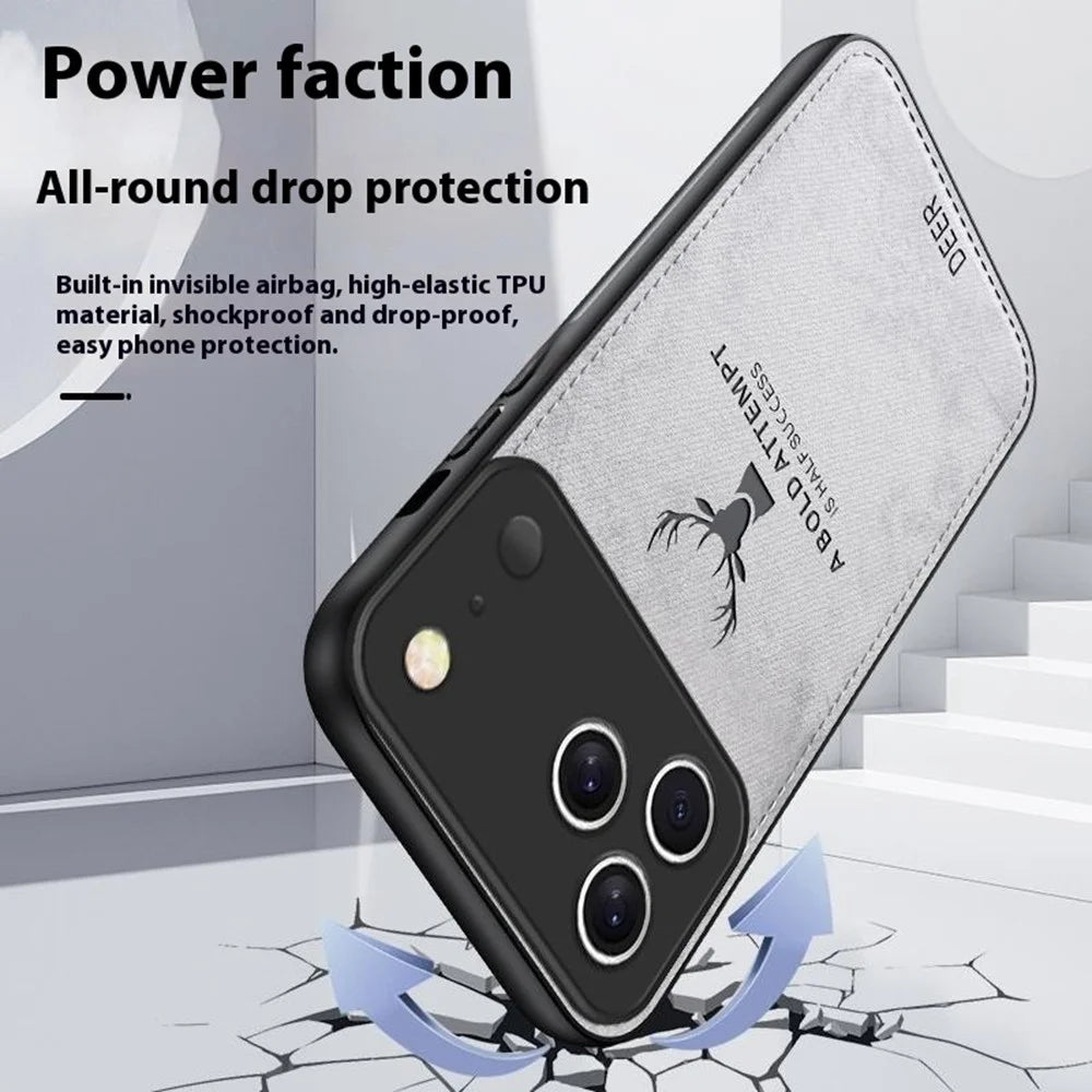 For iPhone 17 Pro Case Deer Pattern Cloth Texture PU + PC + TPU Phone Cover - Black - 6