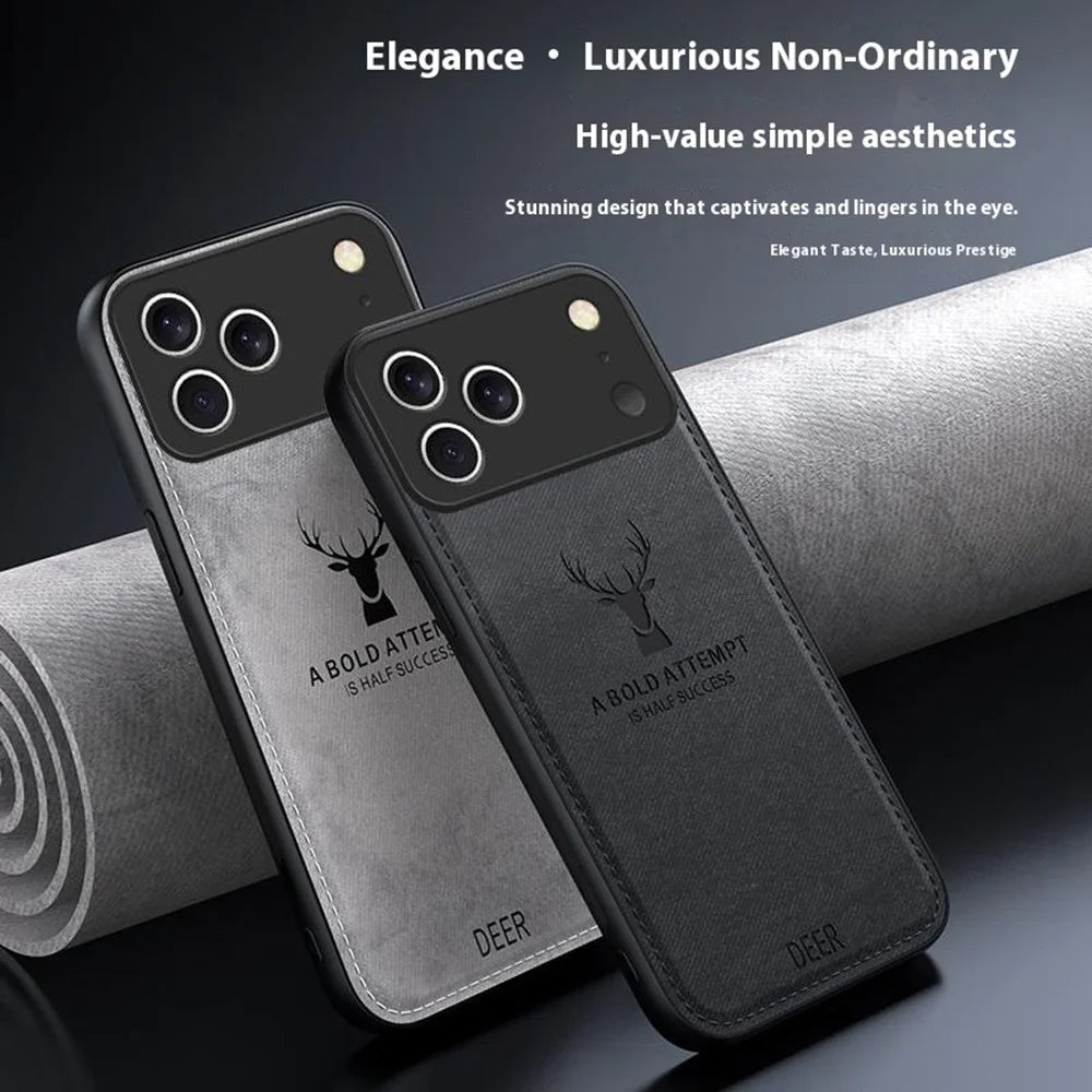 For iPhone 17 Pro Case Deer Pattern Cloth Texture PU + PC + TPU Phone Cover - Black - 7