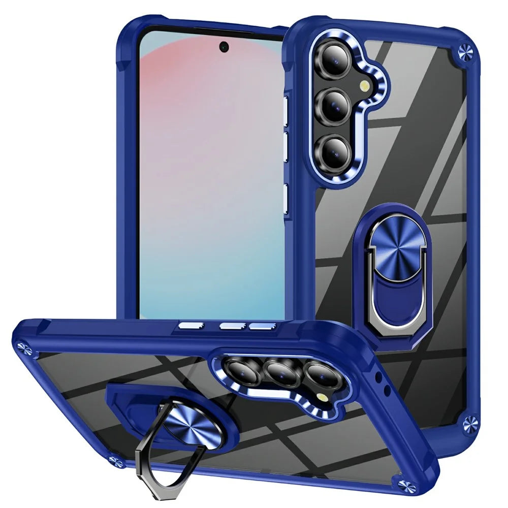 For Samsung Galaxy S25 FE Case Alloy Lens Frame PC + TPU Kickstand Phone Back Cover - Blue - 1