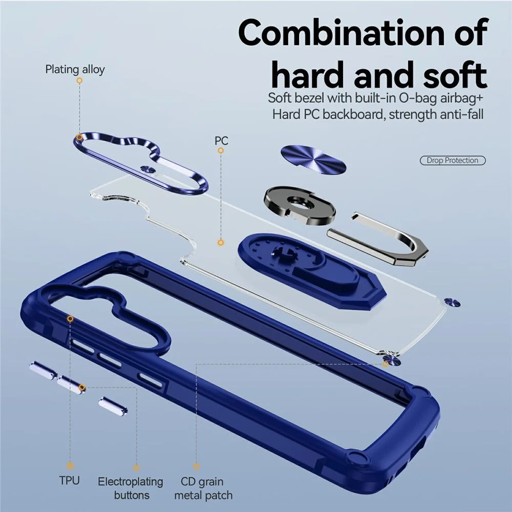 For Samsung Galaxy S25 FE Case Alloy Lens Frame PC + TPU Kickstand Phone Back Cover - Blue - 3