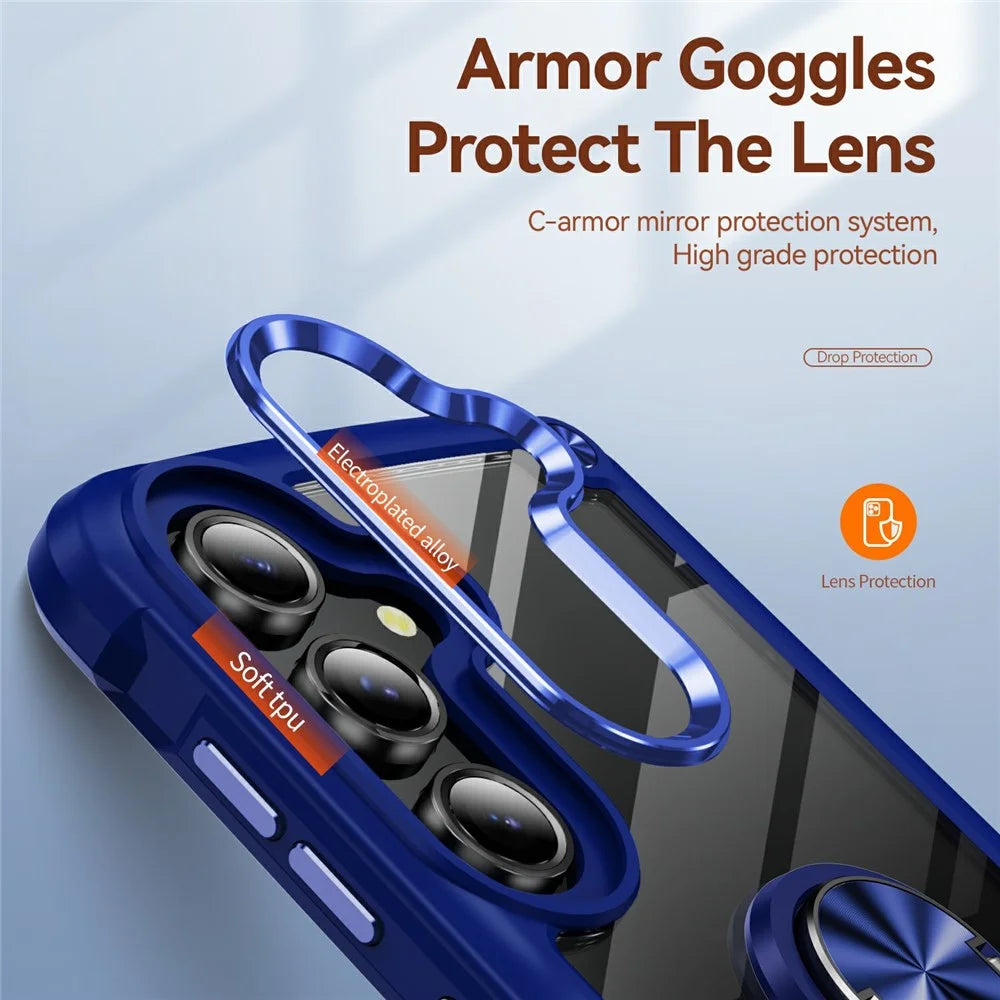 For Samsung Galaxy S25 FE Case Alloy Lens Frame PC + TPU Kickstand Phone Back Cover - Blue - 6