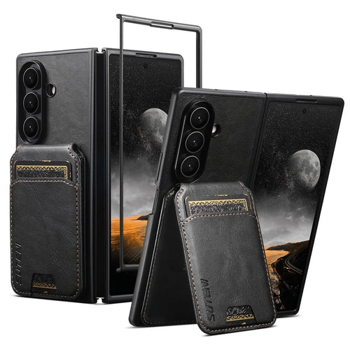 SUTENI H02 For Samsung Galaxy Z Fold7 5G Case Waxy Texture Leather + PC Card Slots Kickstand Phone Cover - Black - 1
