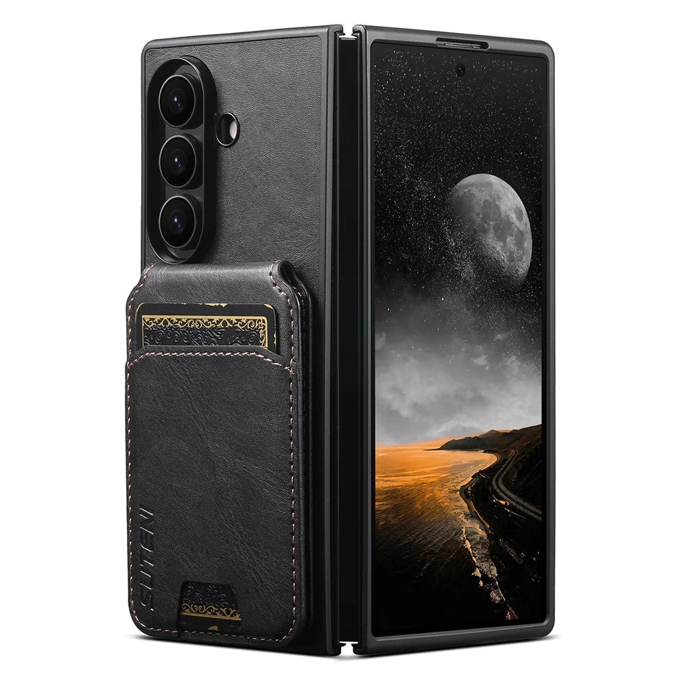 SUTENI H02 For Samsung Galaxy Z Fold7 5G Case Waxy Texture Leather + PC Card Slots Kickstand Phone Cover - Black - 3