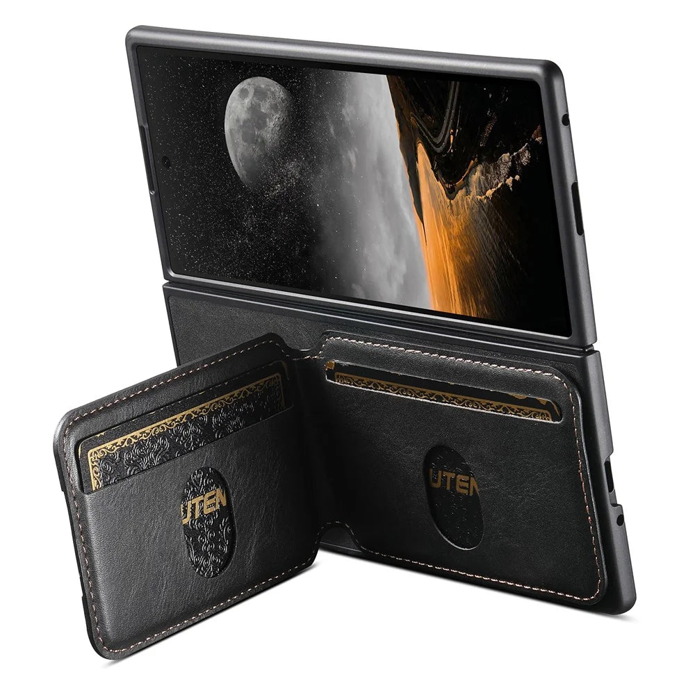 SUTENI H02 For Samsung Galaxy Z Fold7 5G Case Waxy Texture Leather + PC Card Slots Kickstand Phone Cover - Black - 5