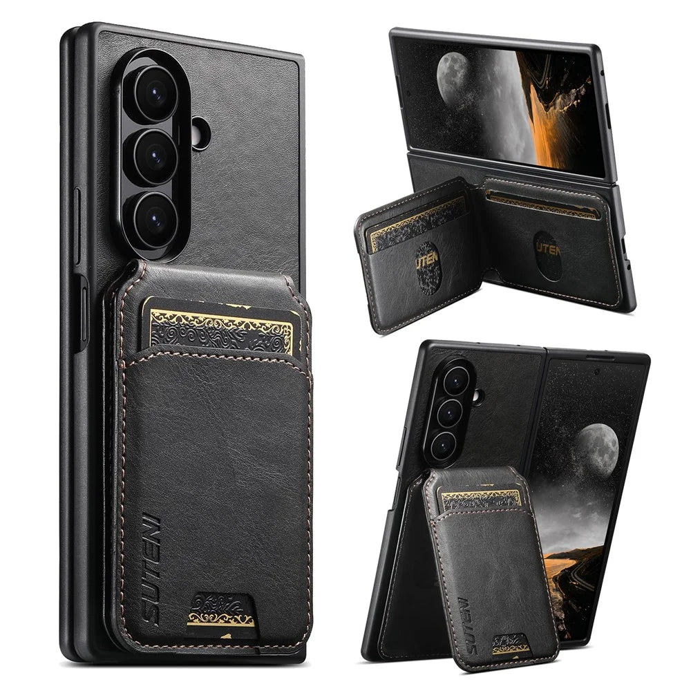 SUTENI H02 For Samsung Galaxy Z Fold7 5G Case Waxy Texture Leather + PC Card Slots Kickstand Phone Cover - Black - 6