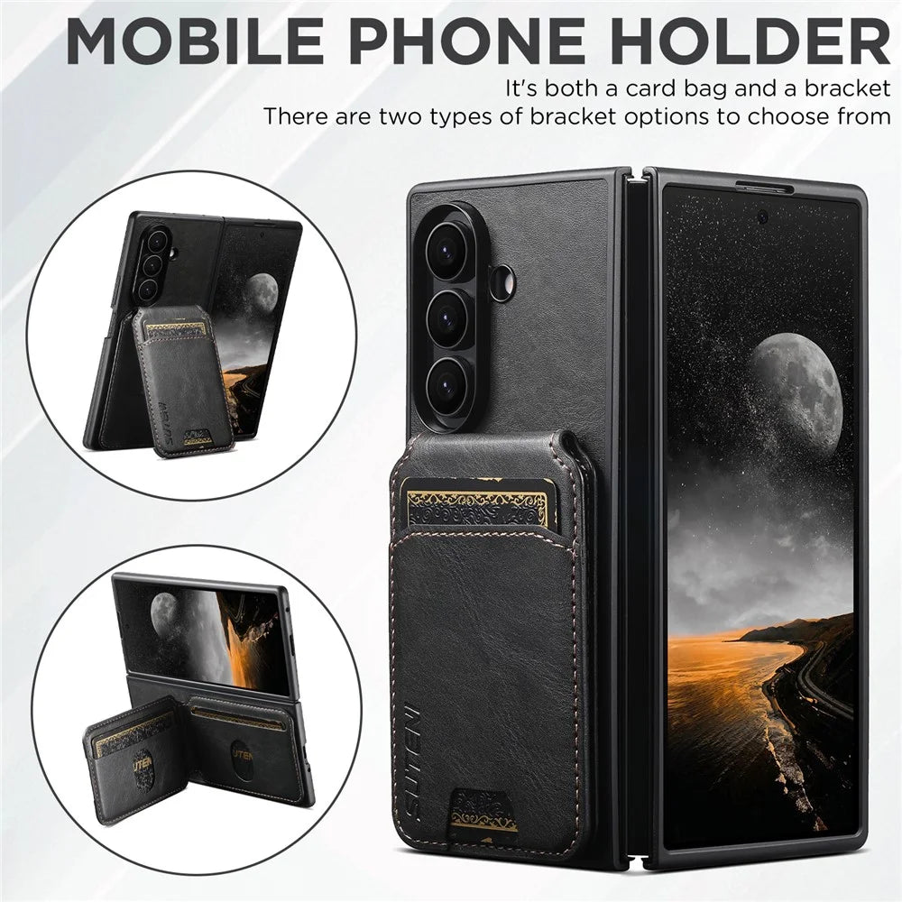 SUTENI H02 For Samsung Galaxy Z Fold7 5G Case Waxy Texture Leather + PC Card Slots Kickstand Phone Cover - Black - 7