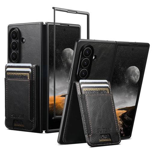 SUTENI H03 for Samsung Galaxy Z Fold7 5G Case PU Leather PC Protective Phone Cover with Card Slots Kickstand - Black - 1
