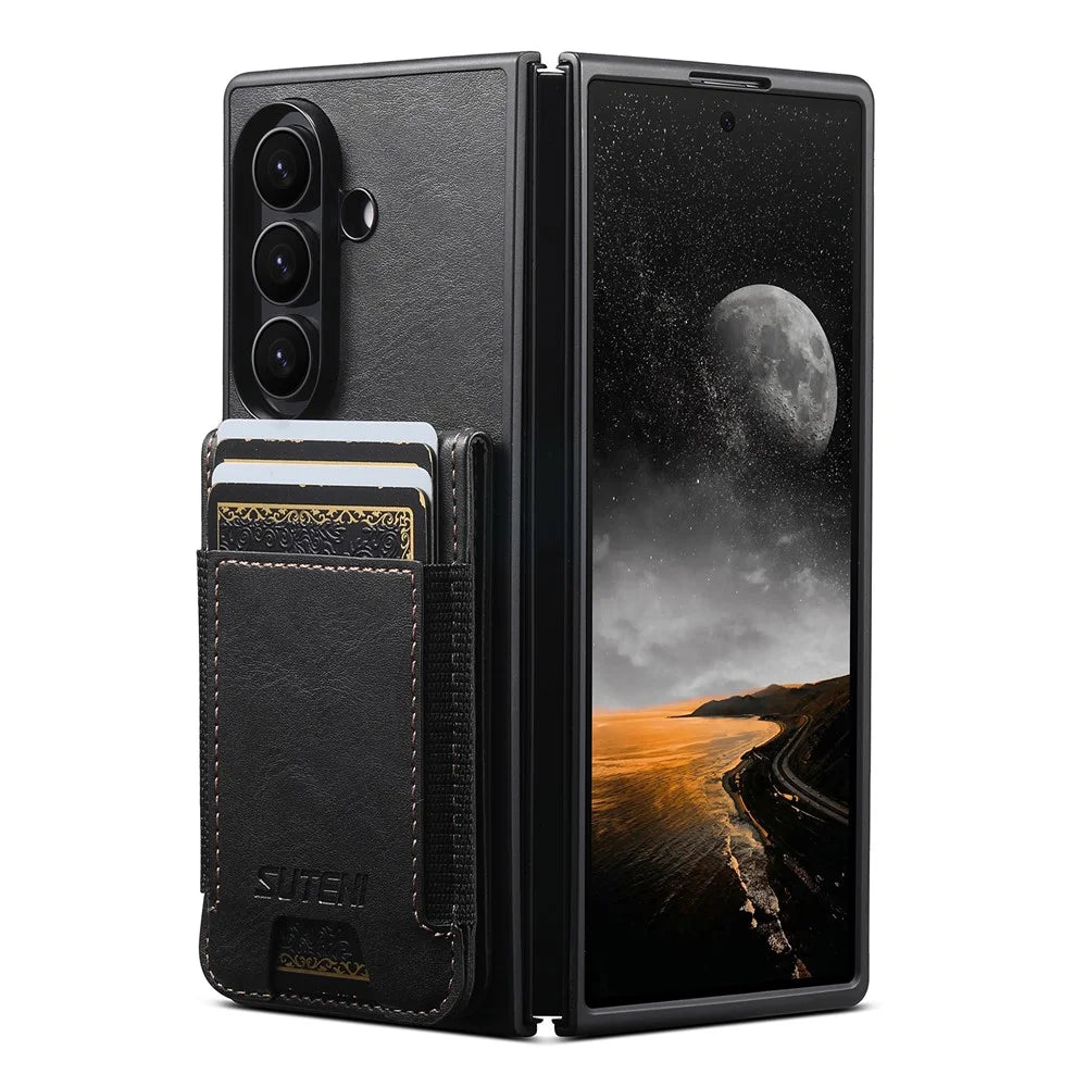 SUTENI H03 for Samsung Galaxy Z Fold7 5G Case PU Leather PC Protective Phone Cover with Card Slots Kickstand - Black - 3