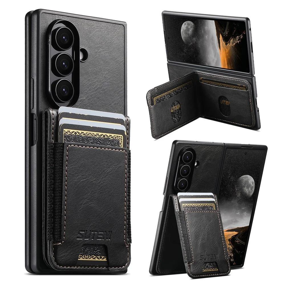 SUTENI H03 for Samsung Galaxy Z Fold7 5G Case PU Leather PC Protective Phone Cover with Card Slots Kickstand - Black - 6
