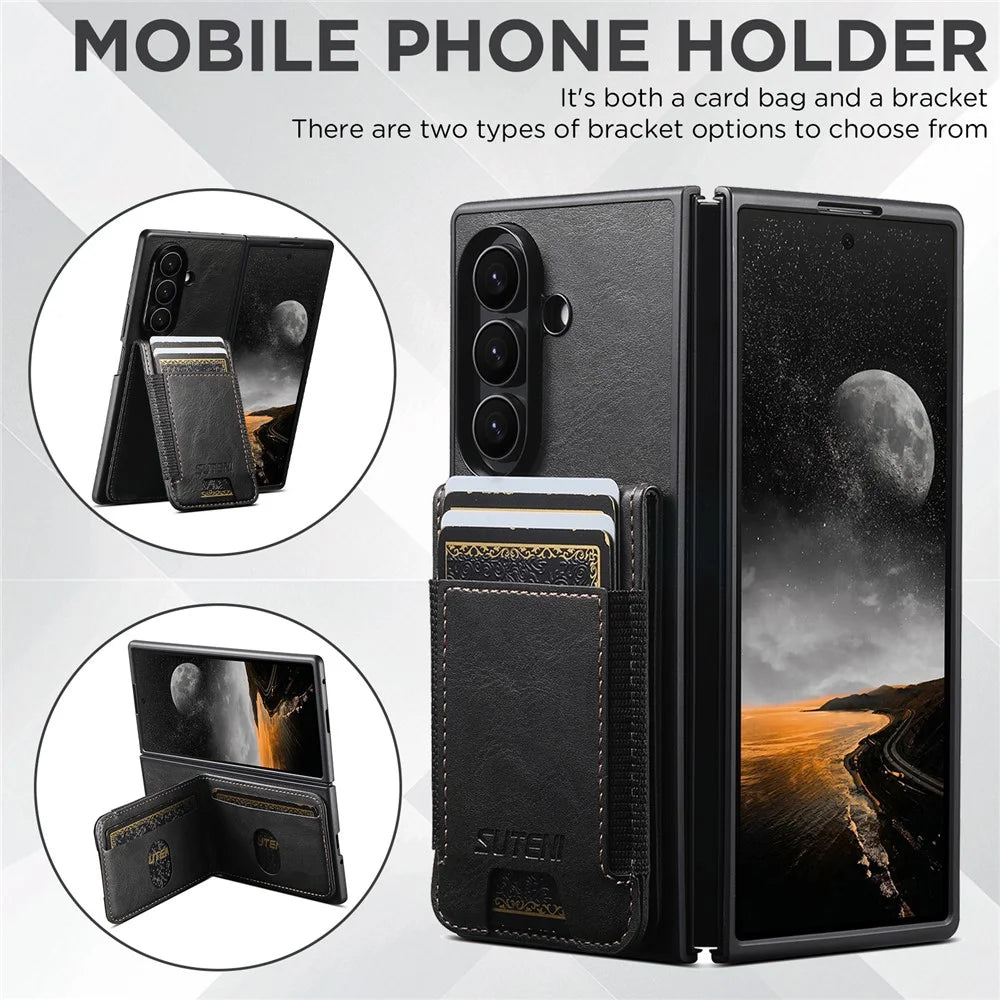 SUTENI H03 for Samsung Galaxy Z Fold7 5G Case PU Leather PC Protective Phone Cover with Card Slots Kickstand - Black - 7