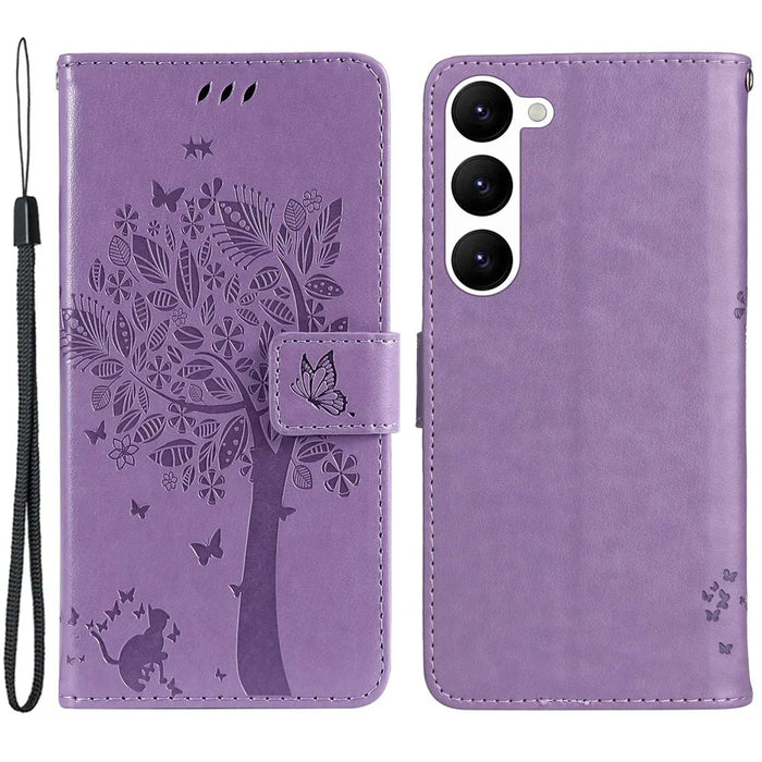 For Samsung Galaxy S23 Phone Case with Stand Cat Tree Pattern Leather Wallet Mobile Cover - Light Purple - 1