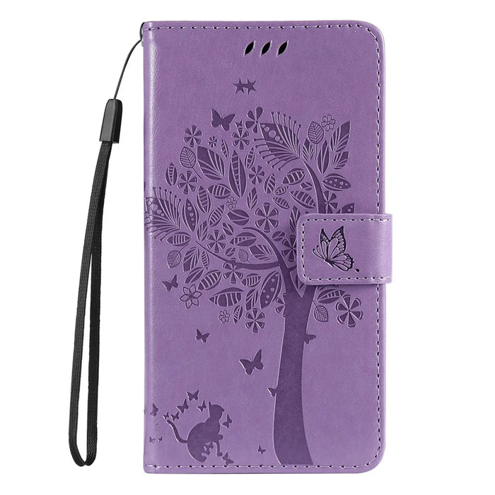 For Samsung Galaxy S23 Phone Case with Stand Cat Tree Pattern Leather Wallet Mobile Cover - Light Purple - 6