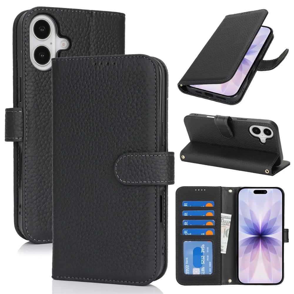 For iPhone 17 Stand Case Litchi Texture Genuine Cow Leather Wallet Phone Cover RFID Blocking - Black - 1