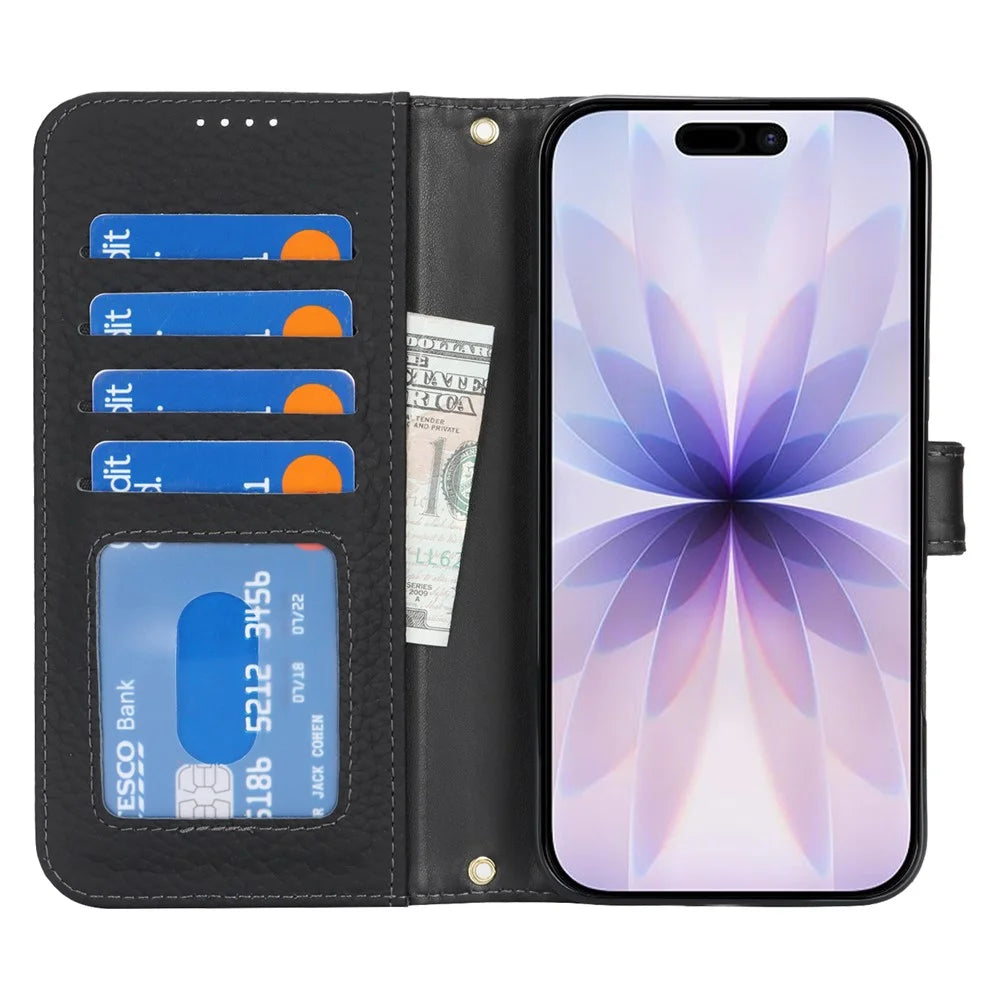 For iPhone 17 Stand Case Litchi Texture Genuine Cow Leather Wallet Phone Cover RFID Blocking - Black - 2