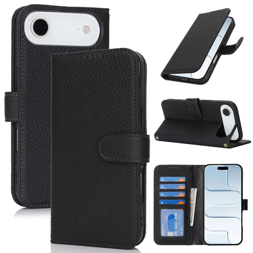 For iPhone Air Stand Case Litchi Texture Genuine Cow Leather Wallet Phone Cover RFID Blocking - Black - 1
