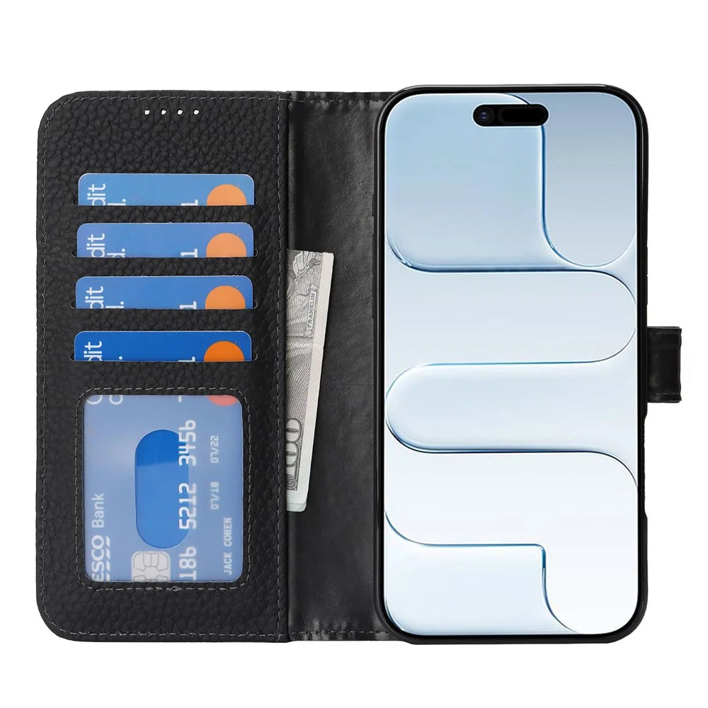 For iPhone Air Stand Case Litchi Texture Genuine Cow Leather Wallet Phone Cover RFID Blocking - Black - 2