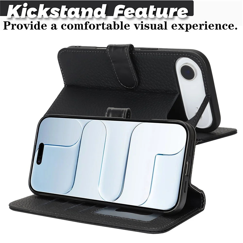 For iPhone Air Stand Case Litchi Texture Genuine Cow Leather Wallet Phone Cover RFID Blocking - Black - 3