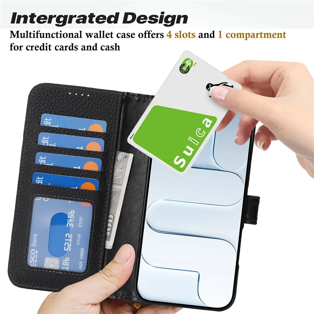 For iPhone Air Stand Case Litchi Texture Genuine Cow Leather Wallet Phone Cover RFID Blocking - Black - 4