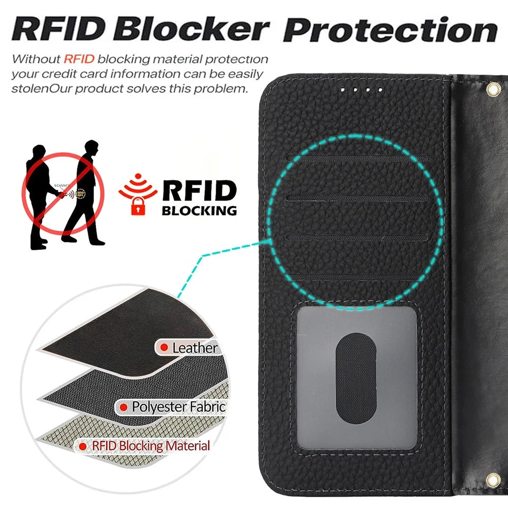 For iPhone Air Stand Case Litchi Texture Genuine Cow Leather Wallet Phone Cover RFID Blocking - Black - 5