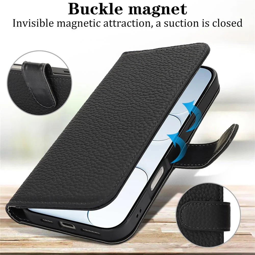 For iPhone Air Stand Case Litchi Texture Genuine Cow Leather Wallet Phone Cover RFID Blocking - Black - 6