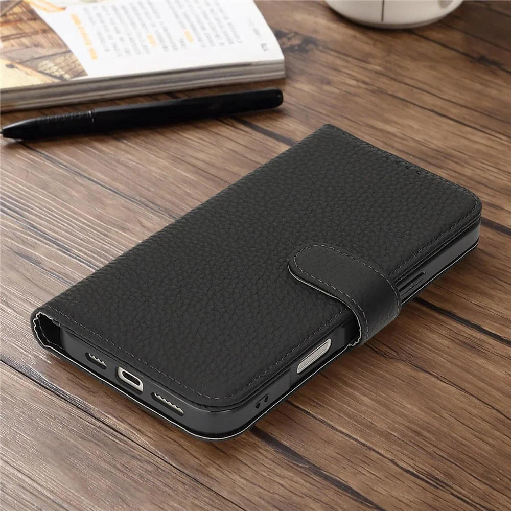 For iPhone Air Stand Case Litchi Texture Genuine Cow Leather Wallet Phone Cover RFID Blocking - Black - 7