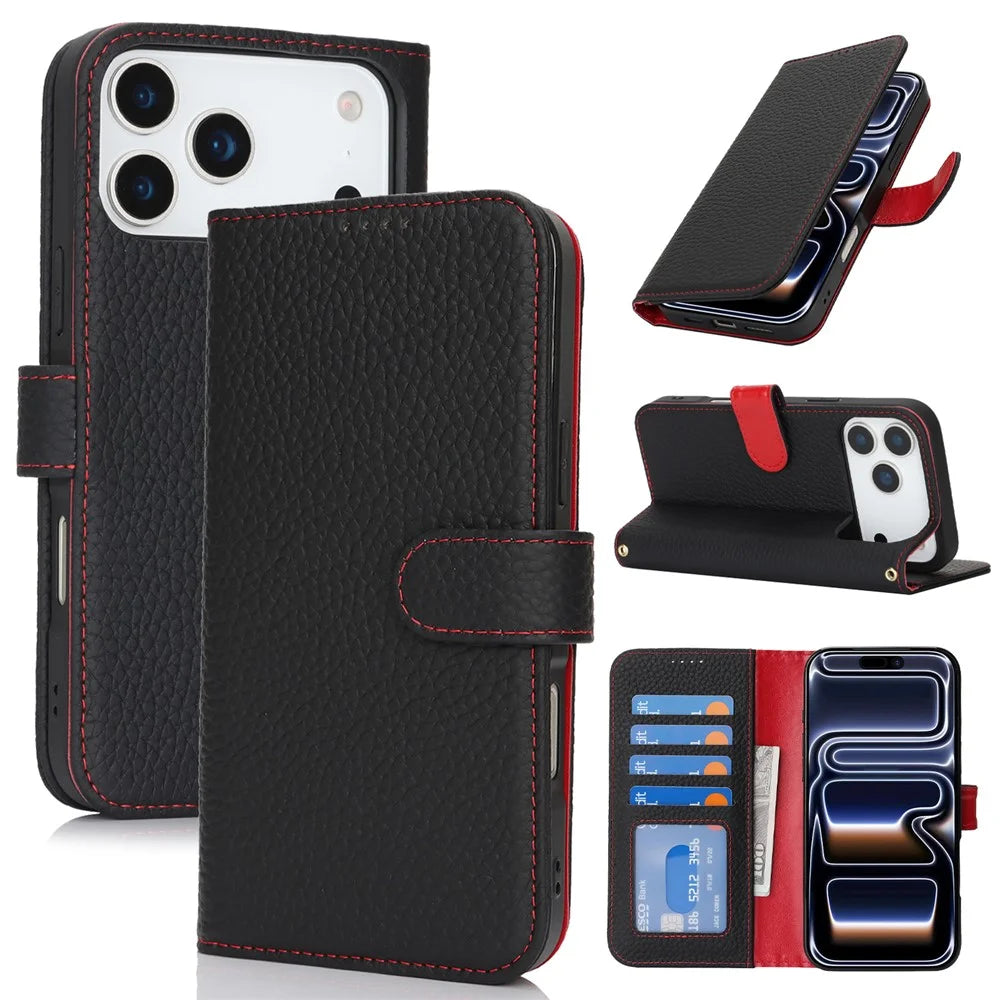 For iPhone 18 Pro Max / 17 Pro Max Stand Case Litchi Texture Genuine Cow Leather Wallet Phone Cover RFID Blocking - Black  /  Red - 1