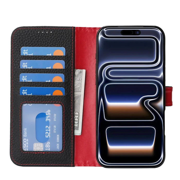 For iPhone 18 Pro Max / 17 Pro Max Stand Case Litchi Texture Genuine Cow Leather Wallet Phone Cover RFID Blocking - Black  /  Red - 2